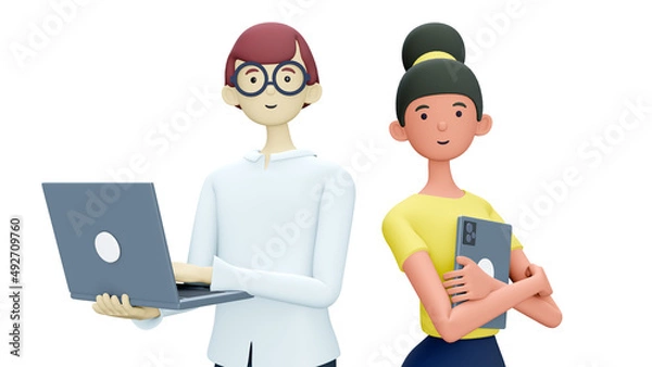 Obraz 3D illustration of cute smiling people with laptop, isolated on white background. Cartoon falling relaxing businessman, freelancer using social networks, online working. Workplace concept.