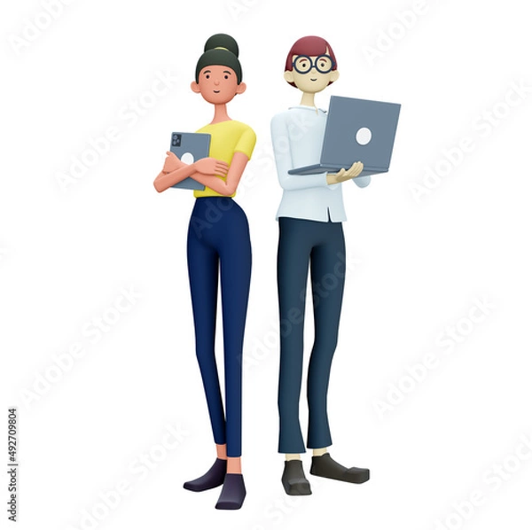 Obraz 3D illustration of cute smiling people with laptop, isolated on white background. Cartoon falling relaxing businessman, freelancer using social networks, online working. Workplace concept.