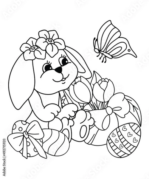 Obraz Easter Bunny with a playful butterfly, black and white vector cartoon illustration