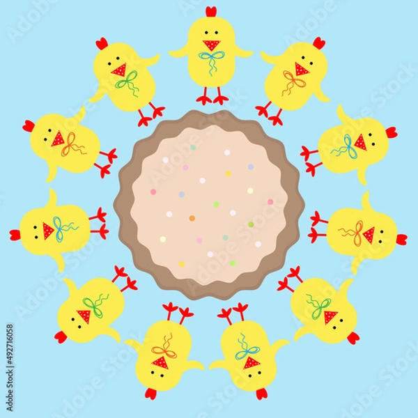 Fototapeta Easter chickens in a circle and in the middle easter cake