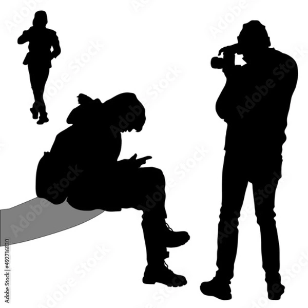 Fototapeta Three black silhouettes of people. A man with camera, a view from the back, photographs a woman leaving. A woman sits on bench looks at the phone screen with her head bowed down.Vector illustration.