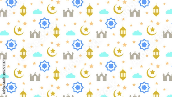 Fototapeta Islamic seamless pattern with Mosque, stars, moon, and lamp 