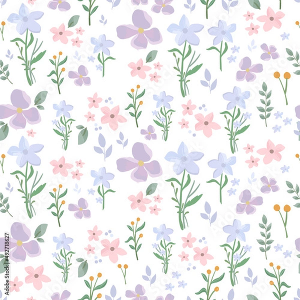 Obraz Blue purple floral botanical pattern and seamless background illustration. Spring cute wild flower fresh background.
