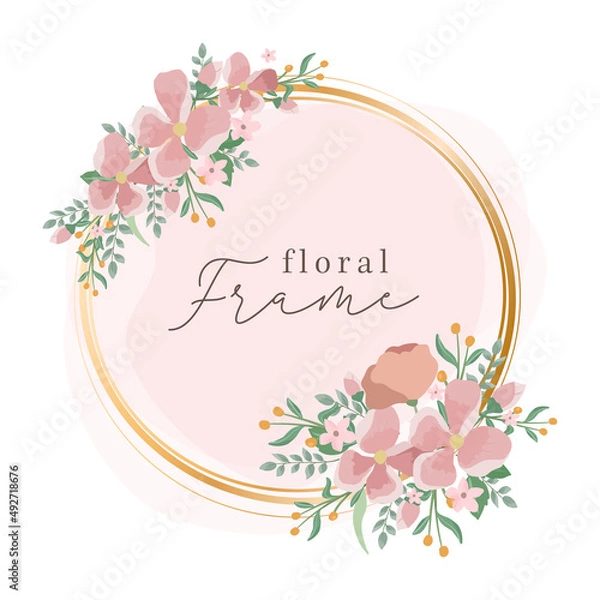 Obraz Gold circle frame with pink botanical floral, flower wedding invitation card element with beautiful watercolor style