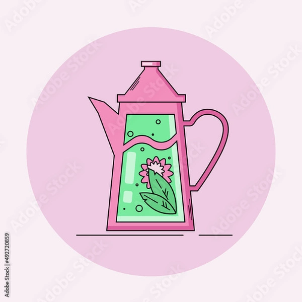 Fototapeta Funny, cartoon teapot with tea leaves and flower flat vector illustration isolated on pink background