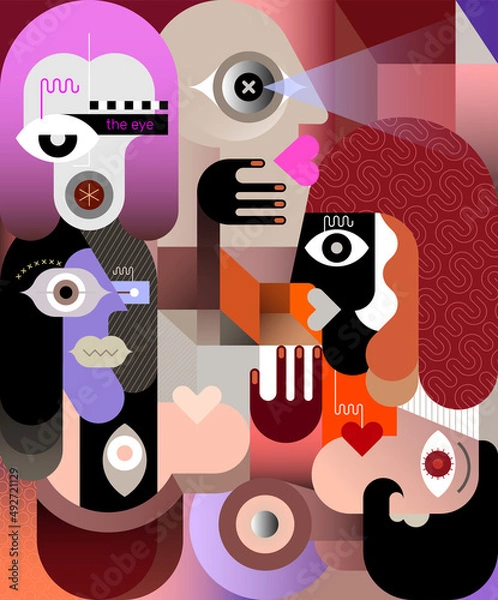 Obraz Large Group of People modern cubism digital painting, vector illustration. Design of human faces and abstract geometric shapes. 