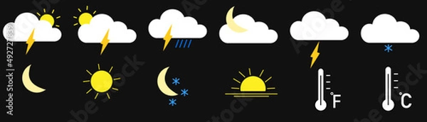 Obraz Weather icons set in color , Weather isolated on black background. Clouds logo and sign, vector illustration