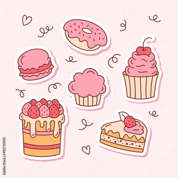 Fototapeta A set of doodle baking stickers. Isolated sticker pack, badges, patches.
