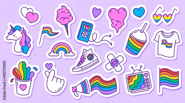Fototapeta A set of LGBT community doodle stickers.Rainbow, abstraction,hand, sweets, hearts. Sticker pack, badges, patches.