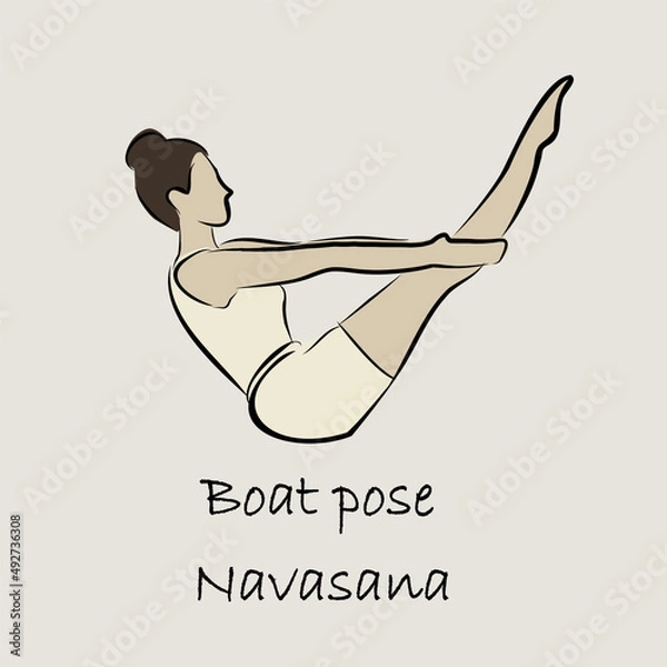 Fototapeta Yoga, sports, gymnastics. Human body health. Healthy lifestyle. Asanas for Vishuddha Chakra. Cobra pose, plank, camel pose, boat pose. Isolated vector objects. 