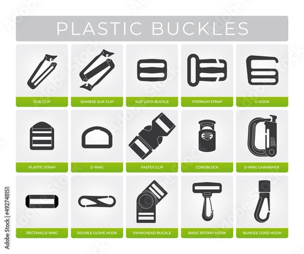 Obraz Vector set of plastic buckles and fastening solutions. Isolated on white background.