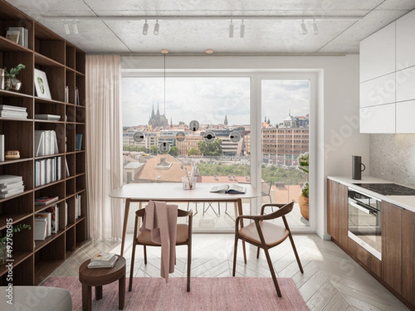 Fototapeta Interior of a small luxury apartment. Comfortable small living room with open space, 3D rendering