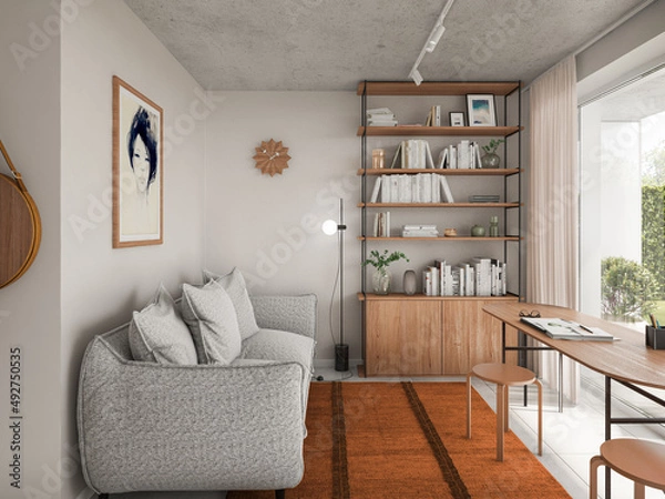 Fototapeta Interior of a small luxury orange wooden apartment. Comfortable small living room with open space, 3D rendering