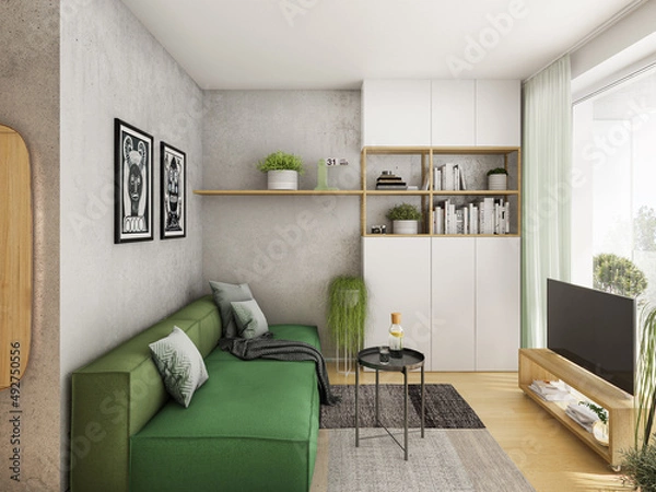 Obraz Interior of a small luxury green wooden apartment. Comfortable small living room with open space, 3D rendering