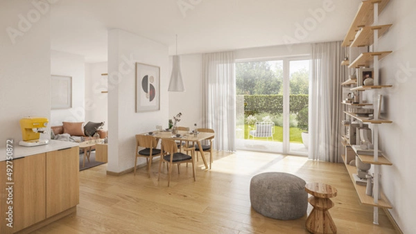 Fototapeta Interior of luxury modern scandinavian apartment.  Comfortable living room with view to garden, 3D rendering