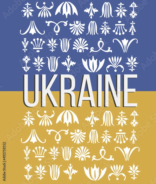 Fototapeta Flag of the country of Ukraine with white letters and ornaments 
Poster The territory of the state of Ukraine on a black background