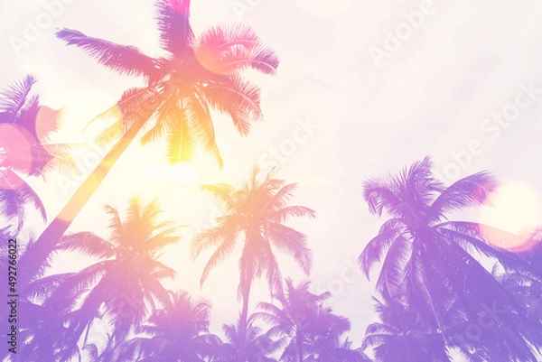 Fototapeta Tropical palm tree with sun light on sunset sky and cloud abstract background.