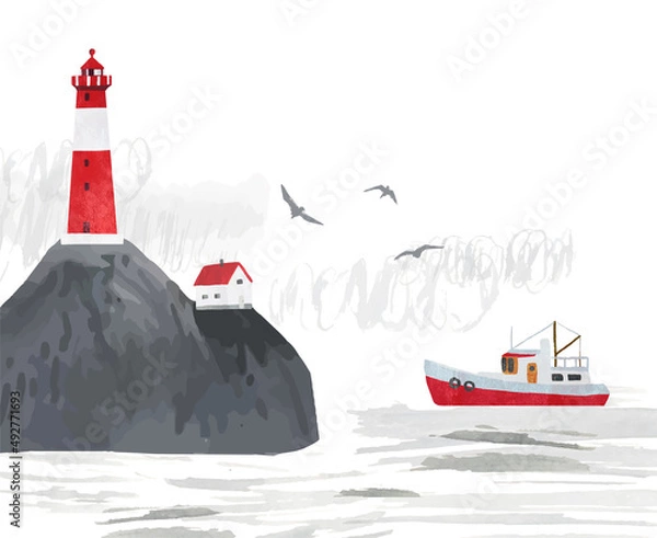 Fototapeta Scandinavian vector landscape with house, fishing ship, lighthouse, clouds, stone cliffs. Travel concept. Watercolor Illustration on isolated on white background. All elements are individual objects