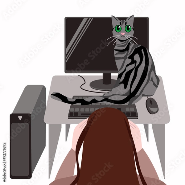 Fototapeta A charming cat has taken the girl's workplace near the computer, the girl is holding her head with her hands.Vector flat illustration.