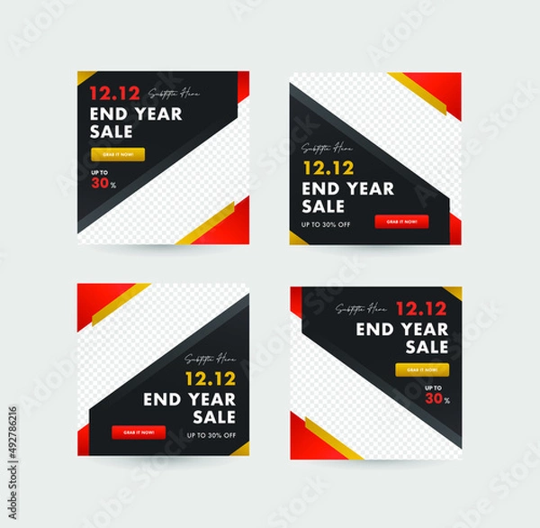 Fototapeta Set of Editable square banner template. Red and gold background color with stripe line shape. Suitable for social media post and web internet ads