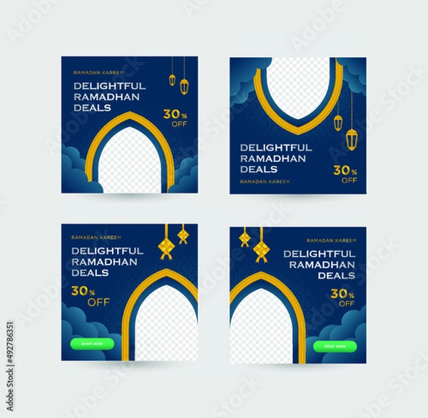 Fototapeta Social Media Post Promotion for Ramadan Sale set with elegant Blue and gold gradient colors with empty space for image