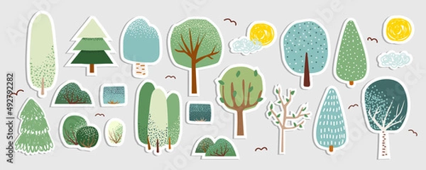 Fototapeta Set of trees stickers with white outline. Vector hand drawn illustration.