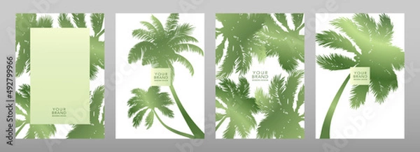 Fototapeta Tropical cover, frame design set with abstract leaves, palm tree pattern. Exotic exotic vector background for brochure, menu, summer sale, eco poster, travel  catalog, booklet, invite.