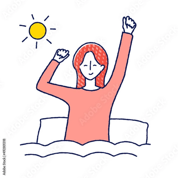 Fototapeta 朝　起床　目覚め　女性　イラスト　手描き