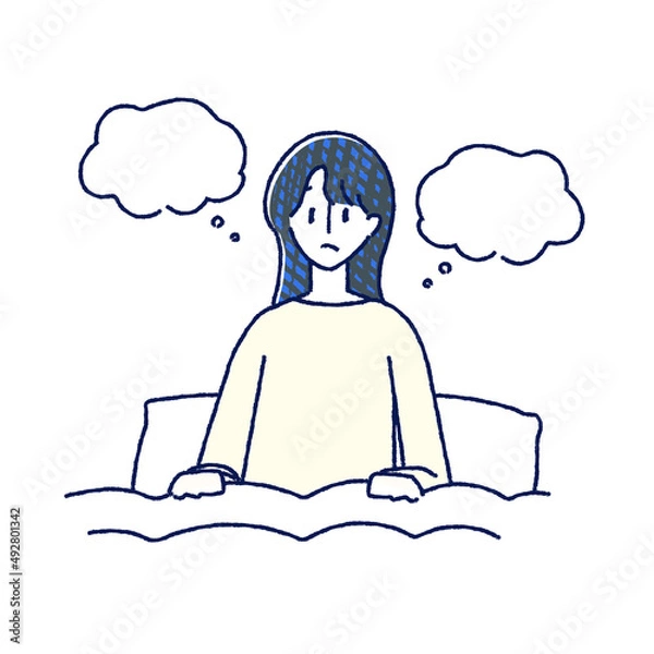 Fototapeta ベット　悩み　考え事　不眠　女性　イラスト