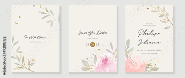 Fototapeta Floral and botanical line art invitation card template. Set of hand drawn wedding ceremony with flower, blooms, branch. Blue blossom watercolor design suitable for flyer, greeting, banner, cover.