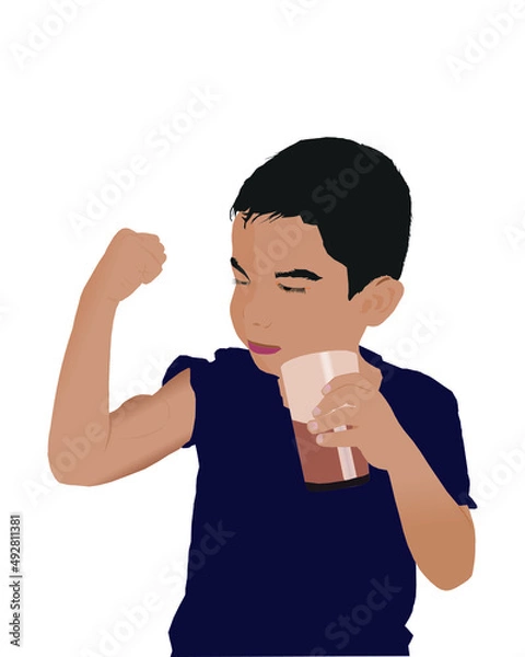 Obraz Young boy holding glass with chocolate milk and post bicep curl, healthy and strong concept illustration vector