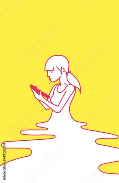 Fototapeta Modern line vector illustration of a young girl wasting time by using the smartphone for social networking