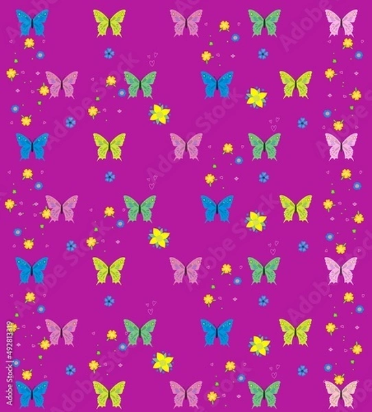 Fototapeta Summer butterfly seamless repeat pattern design background. Colorful folk  seamless pattern with butterflies and flowers. Illustration good for wallpapers, notebooks, crafts 