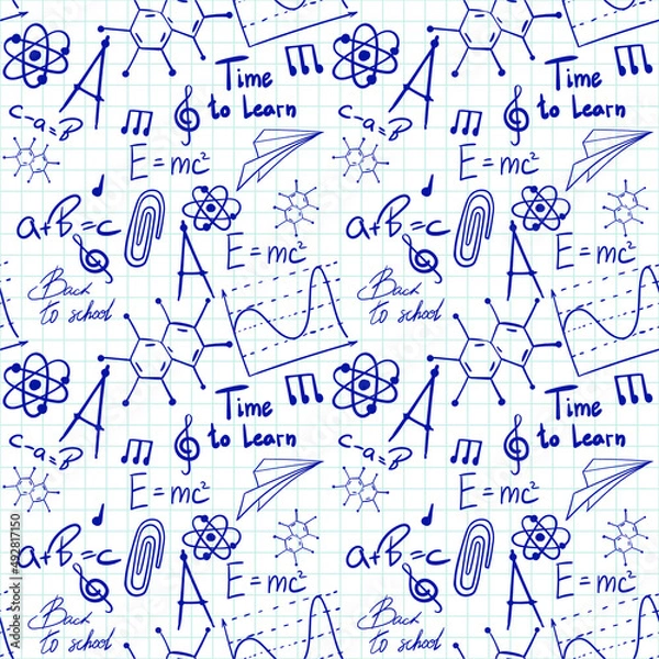 Obraz Vector seamless pattern with hand drawn school symbols. Physics, chemistry, biology. Science elements are drawn with a line. Background for children and students	