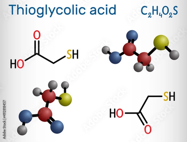 Fototapeta Thioglycolic acid, TGA, mercaptoacetic acid molecule. It is sulfur-containing carboxylic acid, used to make permanent wave solutions, depilatories. Structural formula, molecule model.
