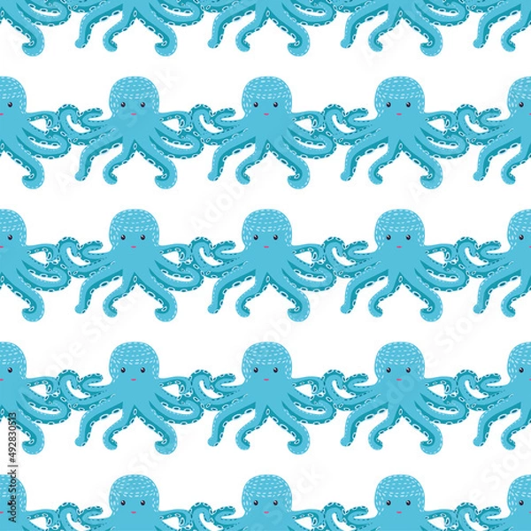 Fototapeta Seamless pattern with cute octopus, seaweed and pearl. Trendy nursery background