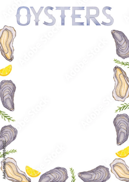 Fototapeta Watercolor seafood frame with oysters, lemon and rosemary herb with lettering isolated on white background for menu