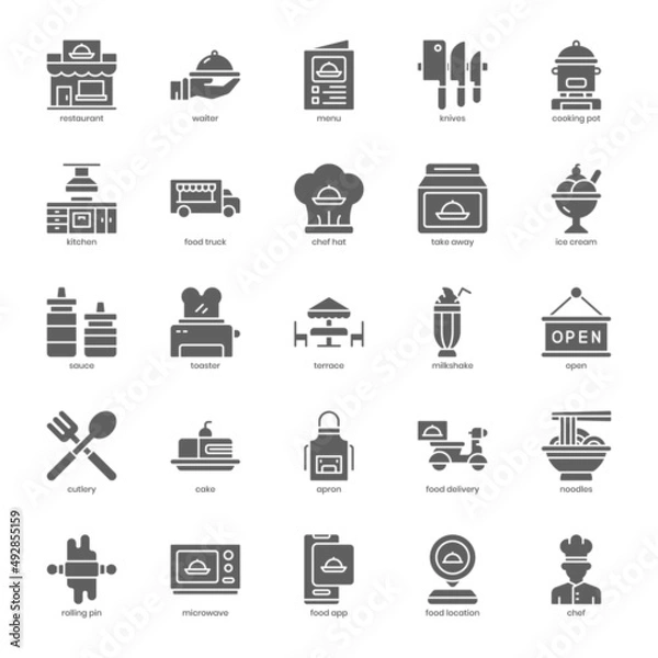 Fototapeta Food and Restaurant icon pack for your website design, logo, app, UI. Food and Restaurant icon glyph design. Vector graphics illustration and editable stroke.