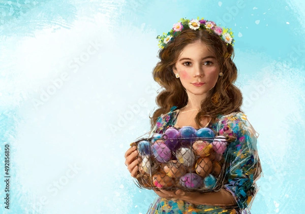 Fototapeta Easter illustration - girl with a basket of painted eggs