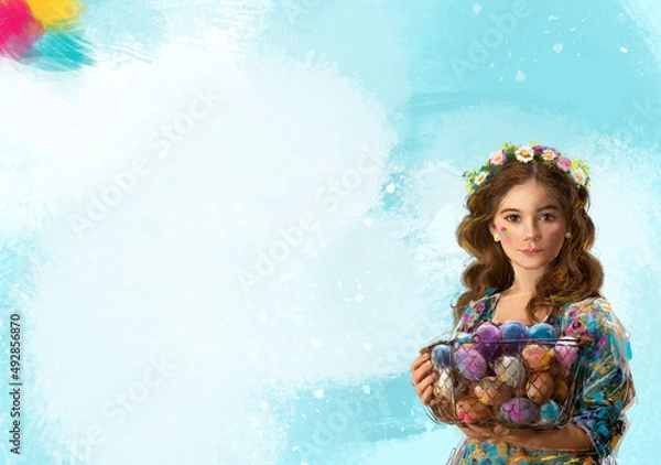 Fototapeta Easter illustration - girl with a basket of painted eggs