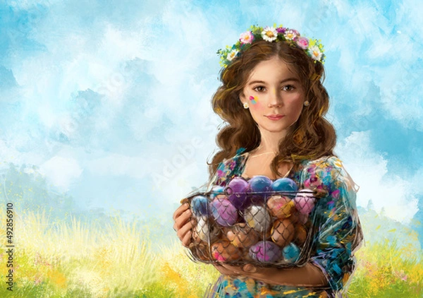 Fototapeta Easter illustration - girl with a basket of painted eggs