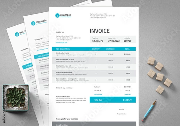 Fototapeta Invoice Layout in Bright Colors with Cyan Accents