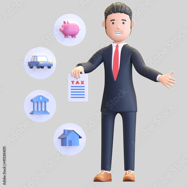 Obraz businessman holding document taxes character 3d illustration render