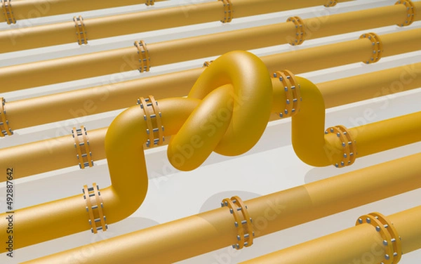 Fototapeta Fuel gas pipeline with a knot on white background. EU industrial economic sanctions. Energy embargo. Oil import export from the world fuel trade market restricts.