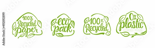 Fototapeta Recycled paper, plastic - eco packaging lettering set. Vector stock illustration isolated on white background for label, wrapping, package. Stickers for bottle, shopping bag.