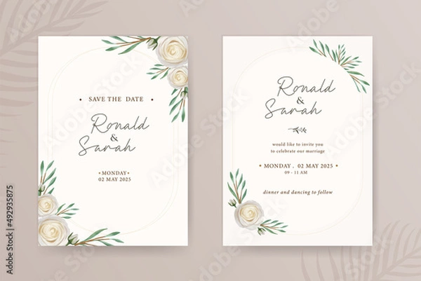 Fototapeta Minimalist wedding invitation template with hand drawing rose flower watercolor