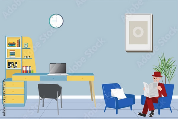 Obraz Old man sitting on the sofa and reading newspaper in modern style study room at home. Flat vector illustration