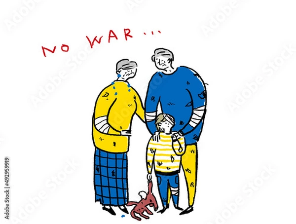 Obraz 怪我をした小さい子供とシニア男性と女性、孫と祖父母、カラー（横、中央配置）
