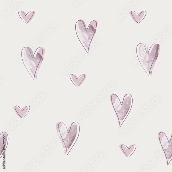 Fototapeta Simple vector background with hearts. Seamless pattern with water color effect. Can be used foe decoration, wallpaper, fabric, textile and much more.