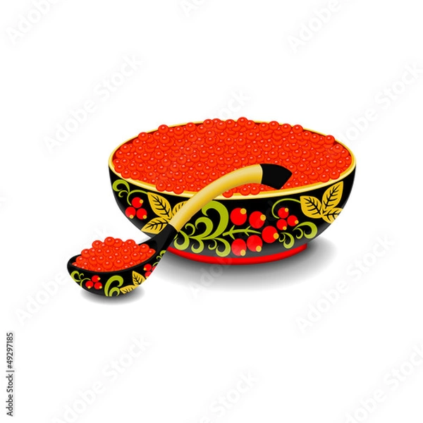 Obraz Red caviar on the wooden spoon and bowl painted in style hohloma